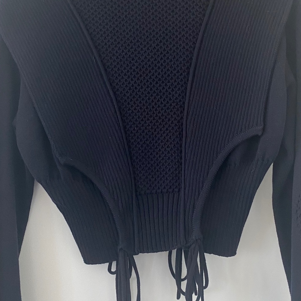 Fendi Knitwear Pullover- Tie-Detailed Paneled Cotton Sweater- Navy Blue - Picture 2 of 6